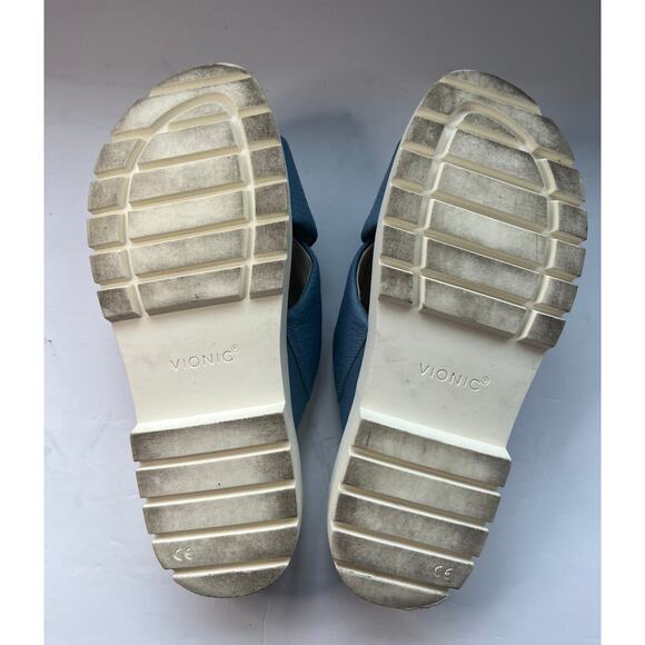 Vionic Vesta Pebbled Blue Leather CrissCross Slide On Comfort Platform Sandals 9 - Picture 10 of 12